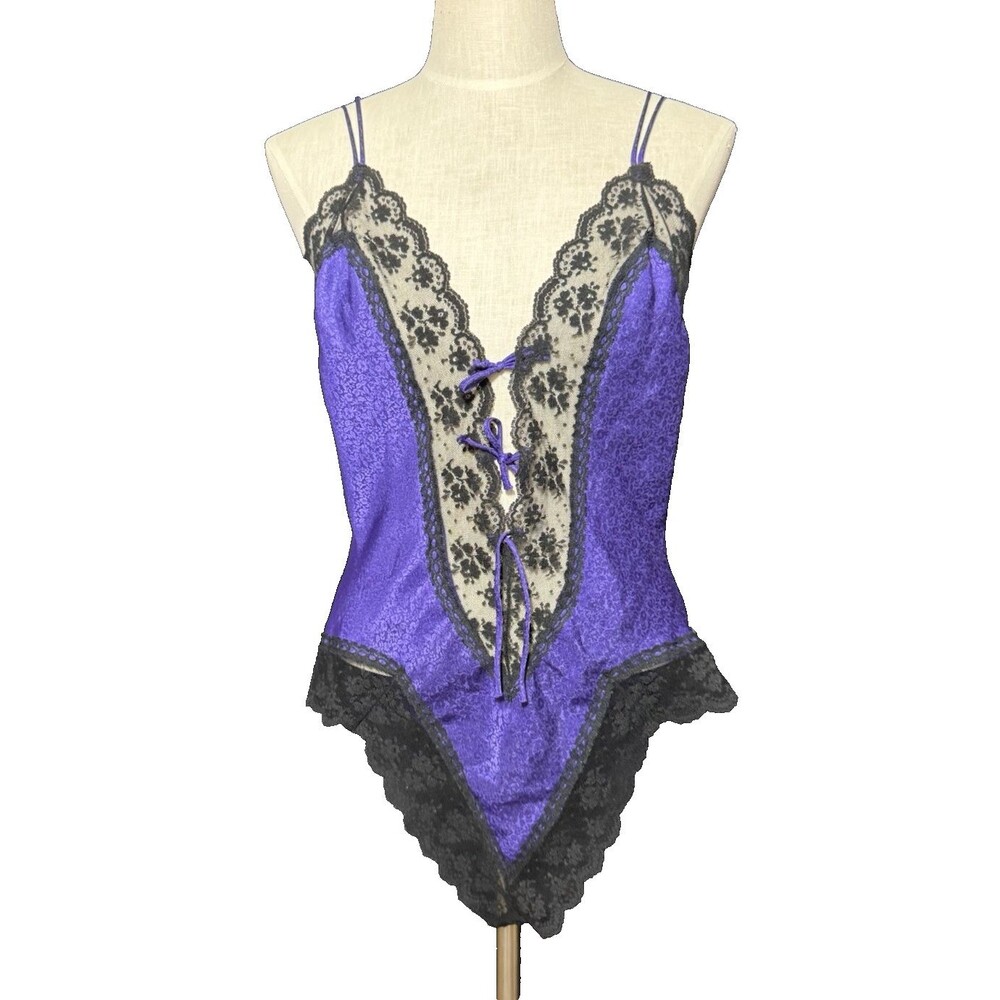 VTG 80s Victoria's Secret Gold Label Purple Brocade Vampy Lace Teddy Bodysuit L